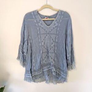 Johnny Was Light Blue Semi Sheer 3/4 Bell Sleeve